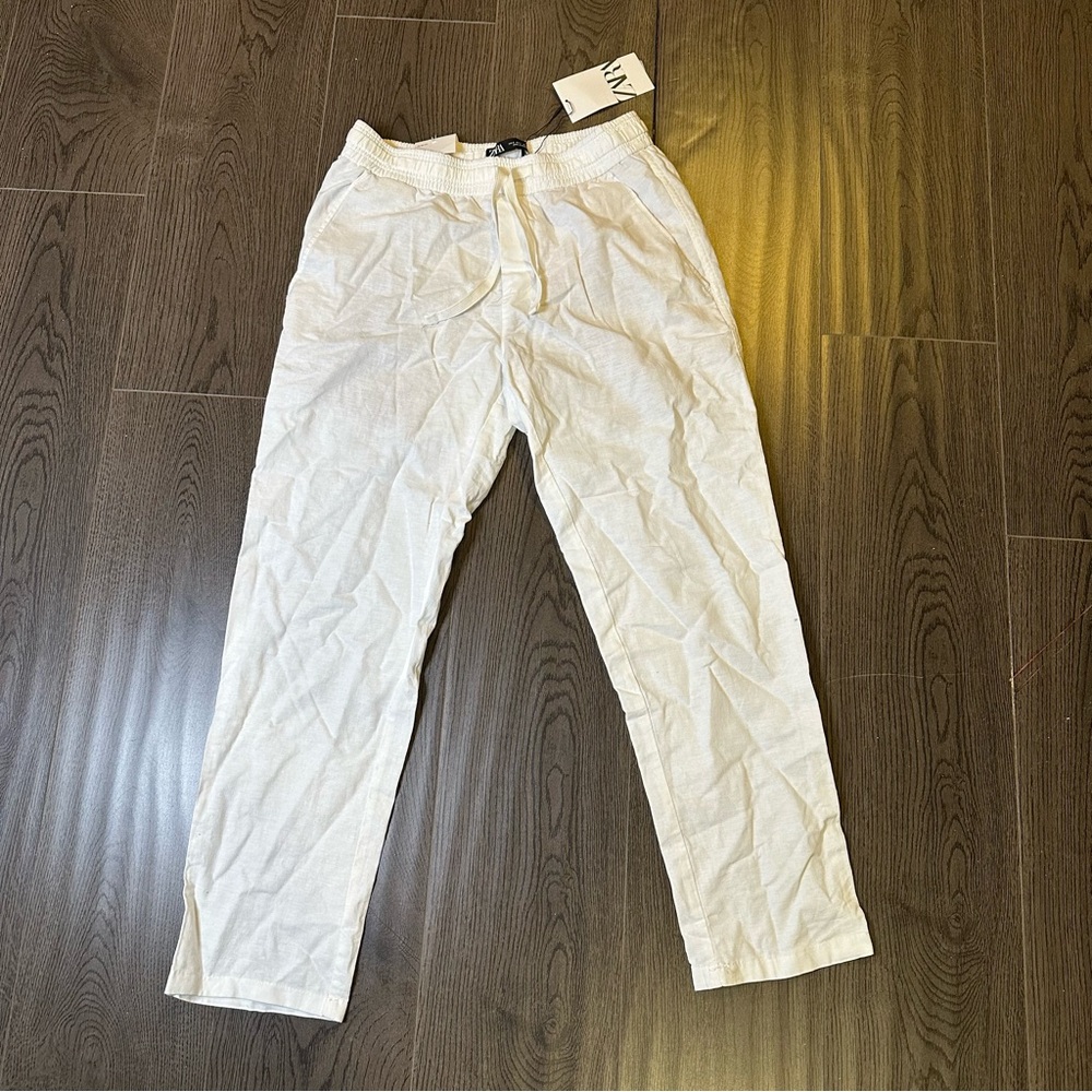 Zara White Linen Blend Drawstring Elastic Slim Fit Regular Pants Mens Small NWT